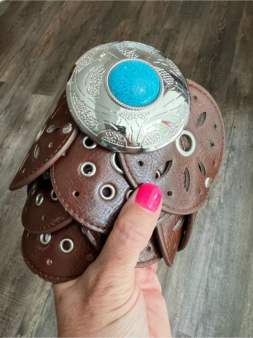 Haute Hippie Brown Western Silver Faux Leather Belt Turquoise Concho Size Medium